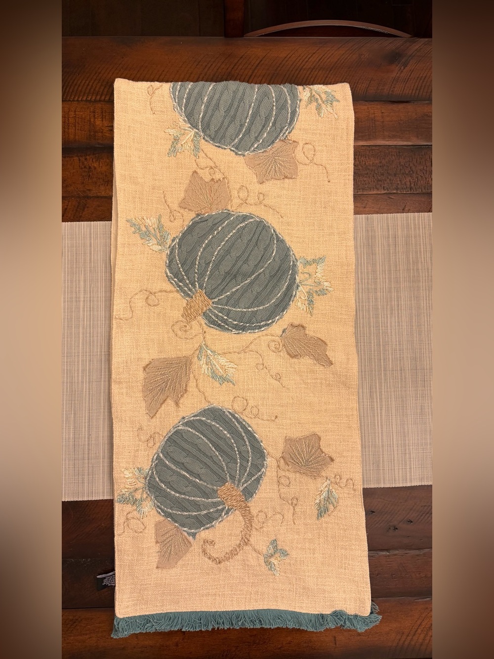 Tahari Home Table Runner 16” x 72” Thanksgiving Fall Beige Blue Knitted Pumpkins